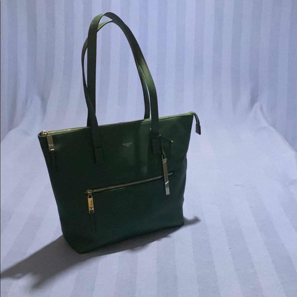 T Tahari Melrose Dark Green Tote with Gold Accents